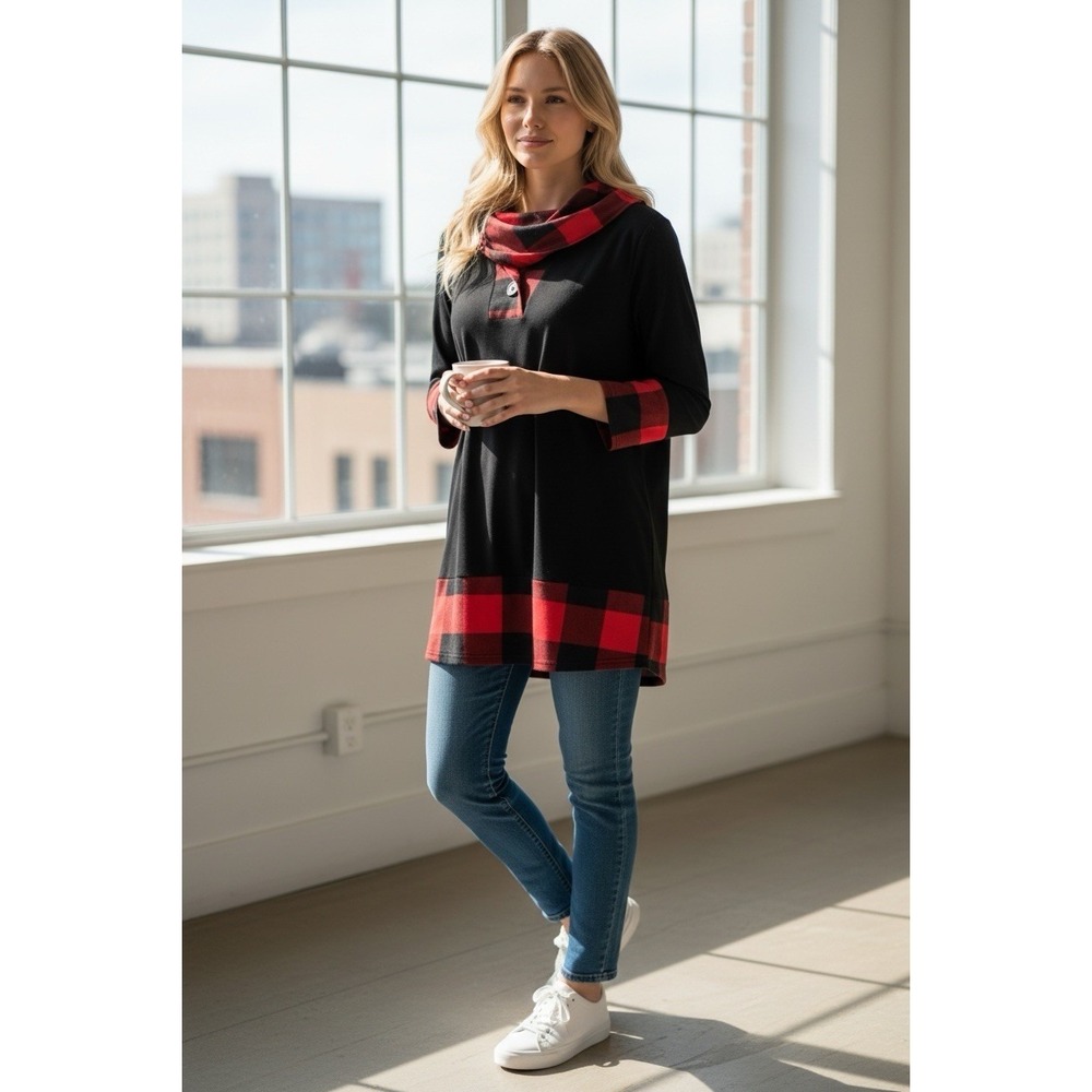 Lotusmile Sweater Womens Medium Black Hooded Pullover Plaid Accent
